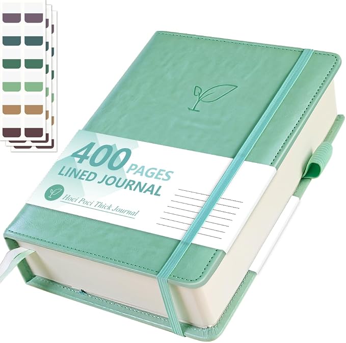 Hoci Poci 400 Pages Lined Journal Notebook, 5.8" x 8.4", Aqua | Thick Journal for Writing, A5 Hardcover Leather Notebook with 100Gsm College Ruled Paper for Women Men Work Note taking
