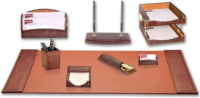 Dacasso Crocodile Embossed Leather Desk Set - Luxury Leather Desk Pad & Desk Organization Essentials - Office Organization & Executive Desk Decor - (Brown, 10 Piece)