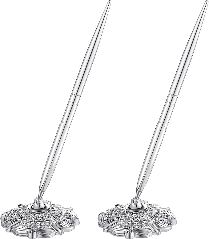 Outus 2 Pieces Wedding Pens for Guest Book Signing Pen with Metal Hollow Round Holder Stand Set for Wedding Bridal Engagement Reception Supplies(Silver)