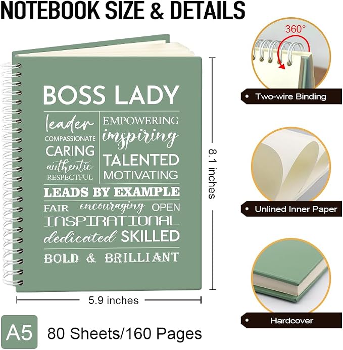 Boss Lady 160 Blank Pages Green Hardcover Spiral Notebook, New Business Owner Gifts Women Boss Gifts for Boss Female, Appreciation Gifts for Women Entrepreneurs, Boss Day Women's Day Gifts