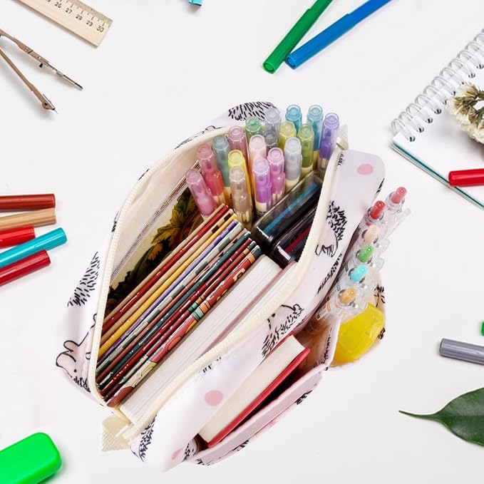 E-WEICHEN Multiple Pockets Portfolio Organizer with Zippered, Makeup Bag Travel Essentials for Women, Simple Waterproof Stationery Pencil Pouch Bag for Journal Office Art Supplies.Pink Hedgehog