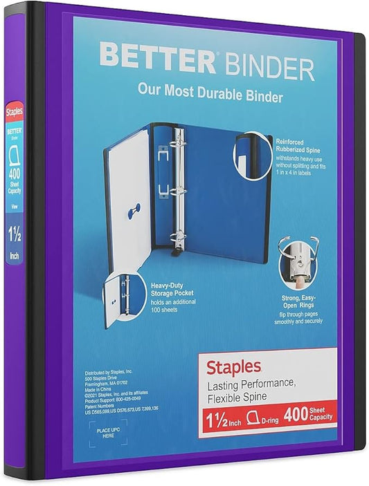 Staples Better 1.5-Inch 3-Ring Binder, Purple – Heavy-Duty Binder for School & Office Organization