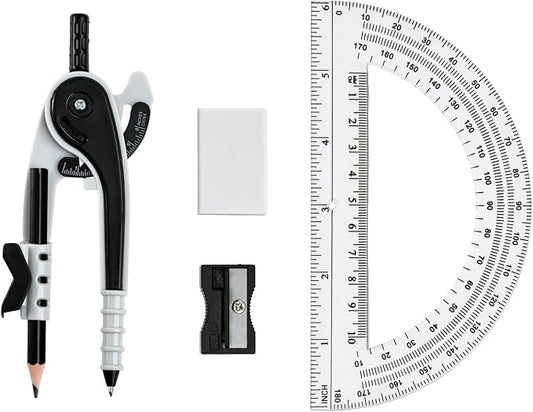 Vobou Compass for Geometry Set, 6 Inch Protractor, Clear Plastic (Black) | 6 Inch Compass, Sharpener and Eraser, Easy Grip, Drafting Tool for Scool, Art, Drawing Precision Design for Math