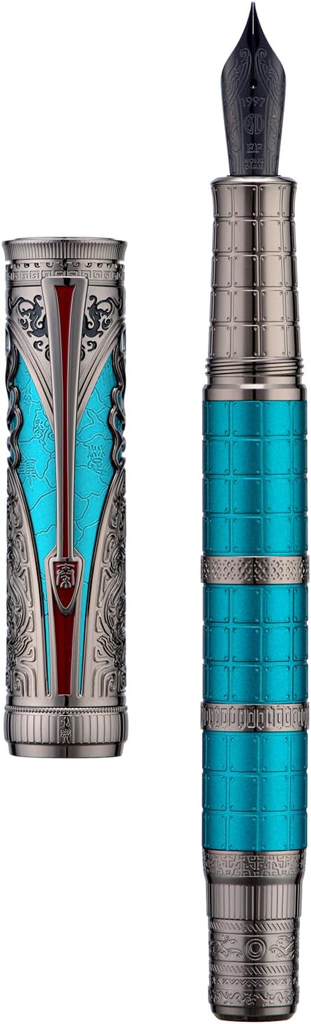 Hongdian D5X Fountain Pen Turquoise Color Fine Nib, Qin Dynasty Retro Chinese Totem Engraving Smooth Writing Pen with Converter and Pen Box Set