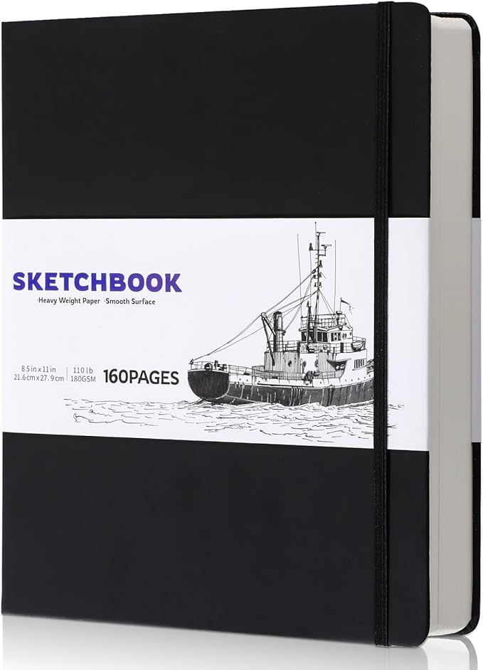Hardcover Sketch Book 8.5 × 11 in, 180gsm, 80 Sheets, Black | Acid-Free Thick Paper, Marker And Pencil Friendly, Perforated Pages, Elastic Band, Back Pocket