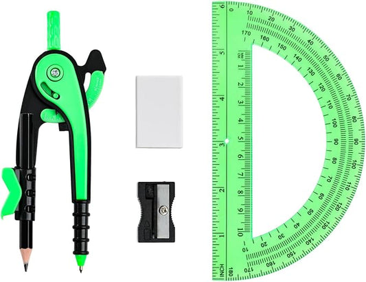 Vobou Compass for Geometry Set, 6 Inch Clear Protractor (Dark Green) | 6 Inch Compass, Sharpener and Eraser, Easy Grip, Drafting Tool for Scool, Art, Drawing Precision Design for Math