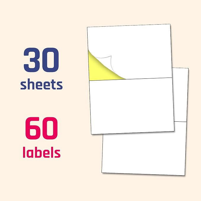 Half Sheet Labels for Printer, White Shipping Mailing Stickers - 60 Pieces | Laser/Inkjet Printing, comes with Print Templates