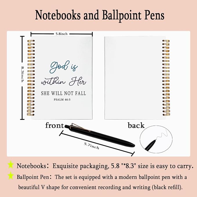 Christian Gifts for Women - Psalm 46:5 God is Within Her Spiral Notebook and Pen Set, A5 Prayer Journal for Bible Study, Religious Verse Scripture Notebook, 80 Sheets College Ruled