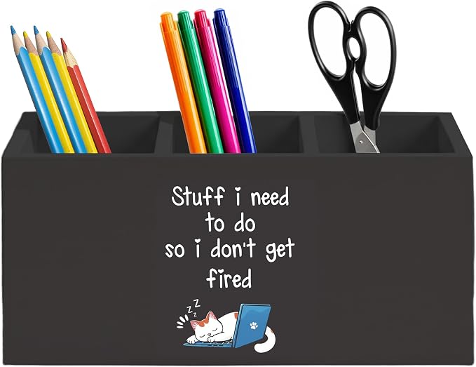 Funny Cat Pen Holder for Home Office Desk, Funny Office Gifts for Cat Lovers, Stuff I Need to Do So I Don't Get Fired Wooden Box Sign Pencil Holder for Desk Shelf Organizer