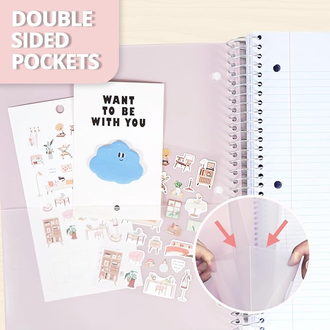 ONAVIA Pink 5 Subject Spiral Notebook College Ruled, 400 Pages | 200 Sheets, 9 x 11 in, 6 Pack Waterproof Plastic Cover, Durable, School Notebooks, Classroom, Teachers