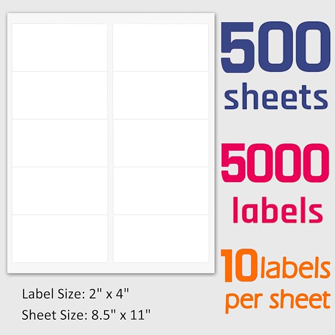 MPRT 2" x 4" Shipping Address Labels 5000 Label Stickers Paper for Laser & Inkjet Printer 10 per Page Printable Mailing Labels - Matte, 500 Sheets | for Laser & Inkjet Printer 10 per Page Printable Mailing Labels - Matte, 500 Sheets