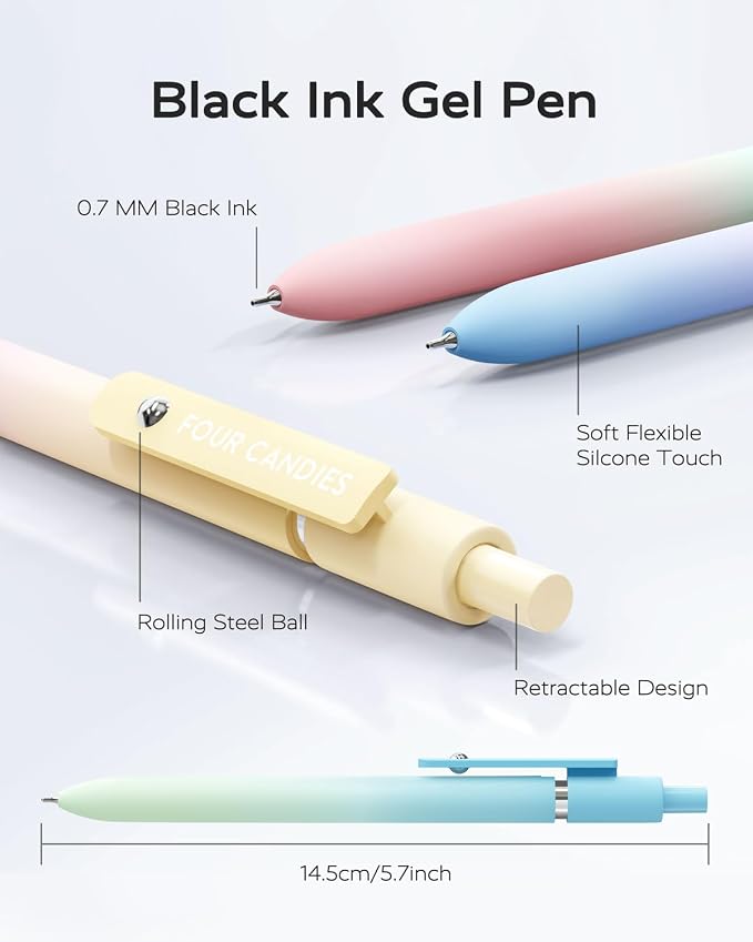Four Candies Gel Pens, 5 Pcs 0.7mm Fine Point Quick Dry Black Ink Pen | Smooth Writing Gel Pens for Journaling, Note Taking, Nurse Aesthetic, Cute Office School Supplie(Gradient)