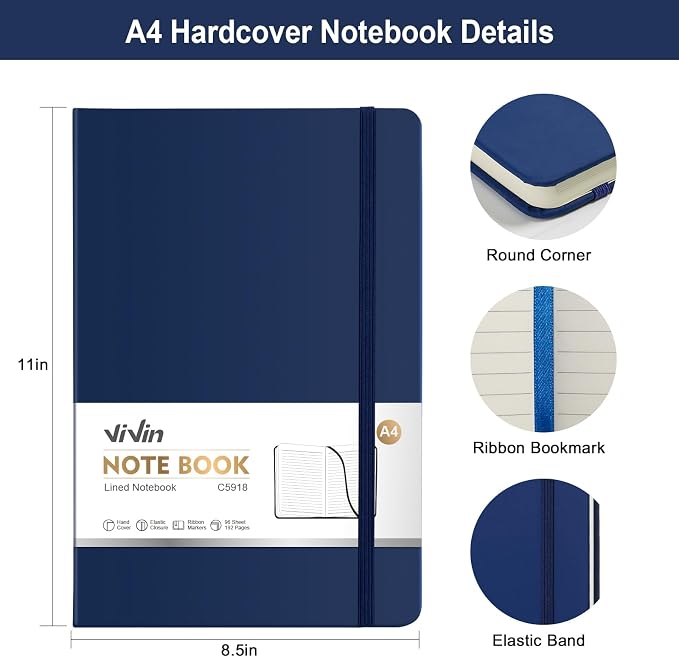 ViVin A4 College Ruled Notebook for Work, 8.5" x 11" Leather Hardcover Journal,192 Pages Professional Lined Notebook for Office & Business