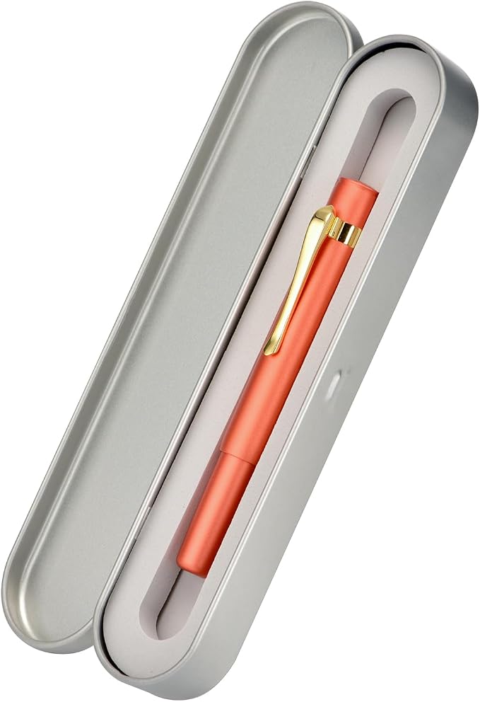 HONG DIAN M2 Mini Fountain Pen with Bent Nib, Sleek Shape Aluminium Short Pocket Travel Pen (Orange Red)