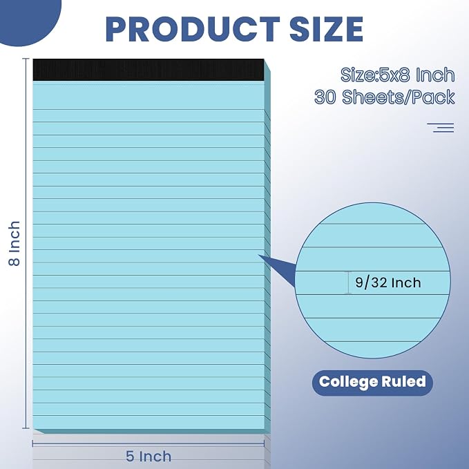 6pcs Small Note Pads, Blue Notepads 5x8 College Ruled Notebook, Writing Pads 5 x 8, Legal Pads, Pad Paper Perforate Notebooks for Work, Message, School, Office Supplies,30 Sheets/Pack