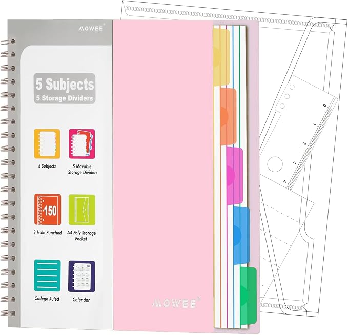 5-Subject Spiral Notebook, College Ruled, with Pocket & Tab Dividers | 300 Pages, 11" Ruler, 8.5"x11" Pale Pink, Pocket Dividers with Labels, for Writing Journal, Home, Office & School Supplies