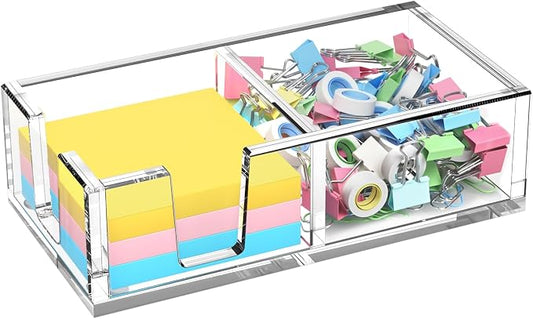 Acrylic Sticky Note Holder, Self-Stick Note Pad Holder W/O Pads - Note Dispenser Memo Pad Holder Desk Organizer for School Office Home (3''x3'' 2IN1 Clear)