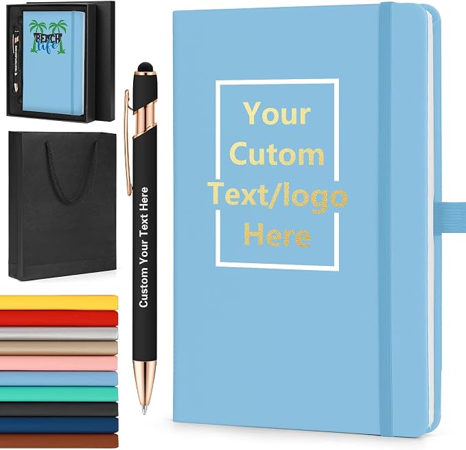 ENOMY Personalized A5 Notebook & Pen Set Custom PU Leather Journal 200 Lined Pages Custom Notebook with Gift Box Journals for Writing College Birthday Business Gift, Sky Blue