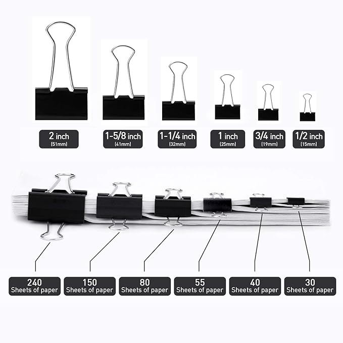 Extra Large Binder Clips, 48 Pack, 2 Inch, Standard 51mm, Black, Capacity 0.86 Inch, Metal Paper Clips, Fold Clamp, Office Clips, School & Home Use