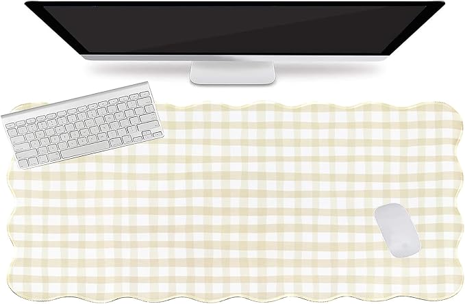 L-SPOUTTO Beige Checkered Mouse Pad,Scalloped Desk Mat XXL Large Geometric Gaming Mousepad,35.4x15.7in Non-Slip Rubber Base Keyboard Pad Waterproof Desktop Mat for Laptop Computer Game Home Office