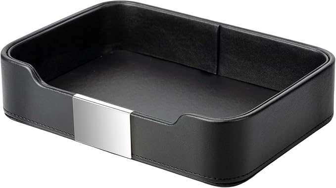 SANZIE Luxury Leather Tray Organizer Valet Tray Key Tray for Entryway Table Desktop Storage Catchall Tray Decorative Tray for Jewelry Keys Wallet Phone Watch (Metal Silvered, Black)