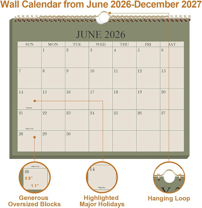 Small Wall Calendar 2026-2027 - Mini Calendar 2026-2027 from July 2026 - December 2027, 19 Months Little Calendar with Premium Paper, 6" x 8", Green