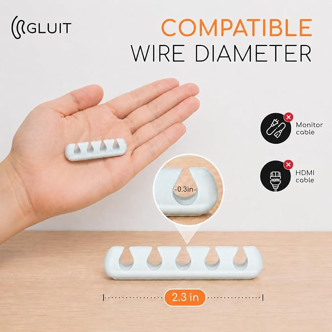 GLUIT Cord Organizer for Desk, Cable Holder for Nightstand, Charger Organizer, Adhesive Desktop Wire Clips, Multislot Cable Management, Table Organizer Accessories (White, 20 Pack, 30 Slots)
