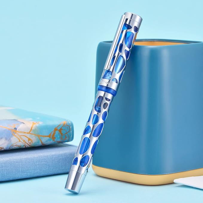 Asvine V169 Vacuum Filling Fountain Pen Fine Nib, Water Drop Skeleton Transparent Blue Acrylic Pen Case Set