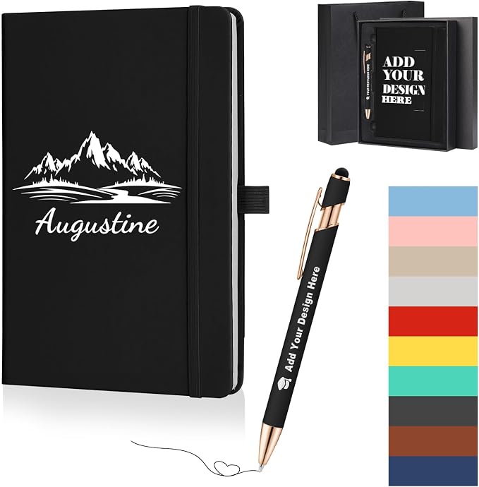 ENOMY Personalized A5 Notebook Gift Set with Custom Pen PU Leather Journal Box, Black