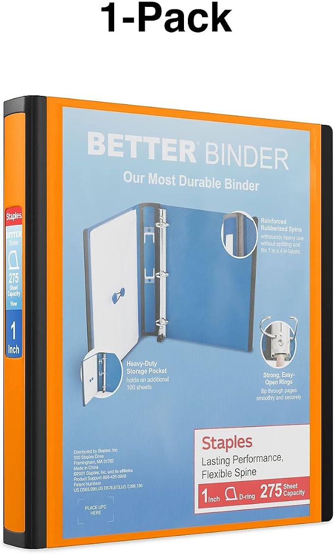 Staples Better Binder 1‑Inch D‑Ring 3‑Ring View Binder, Durable High‑Quality Binder for Office & School Organization, Orange