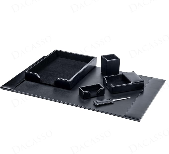 Dacasso 6 Piece Black Bonded Leather Luxury Desk Accessory Set - Desk Pad & Organization Essentials