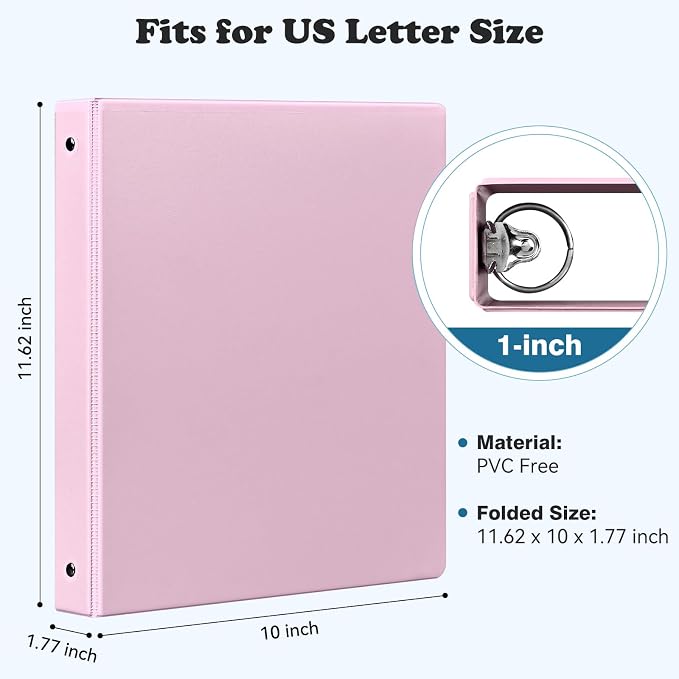 1-inch 2-inch 3-Ring Binder with Pockets, Basic Binders 1''2'' Color Binders, Holds Letter Size 8.5'' x 11'',200/450 Sheet Capacity, Bundle 6 Pack for Back to School (1'' Pink - 6 Packs)