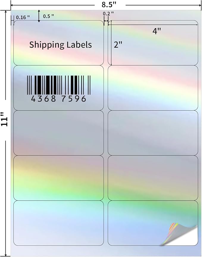 Shipping Labels Stickers, 2"×4" Printable Holographic Mailing Labels for Laser/Inkjet Printing- Matte, Permanent Adhesive Sticker, Holographic Silver/ 20 Sheet