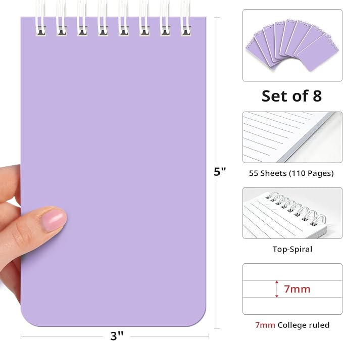 Taja Set of 8 Mini Pocket Notebook Top Spiral Nursing Notepads | Lilac Purple 3" x 5", Mini Little Spiral Notebook, Nursing Notepad, Perfect for Work, School, Office, Nurse, Travel
