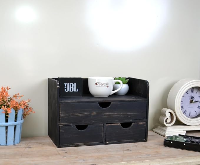 Vintage Rustic Wooden 3 Drawer with Shelf Office Desk Organizer & Mail Rack For Desktop,makeup holder Box for Office Home Toiletries Supplies Vanity, No Assembly Required (Rustic Black)