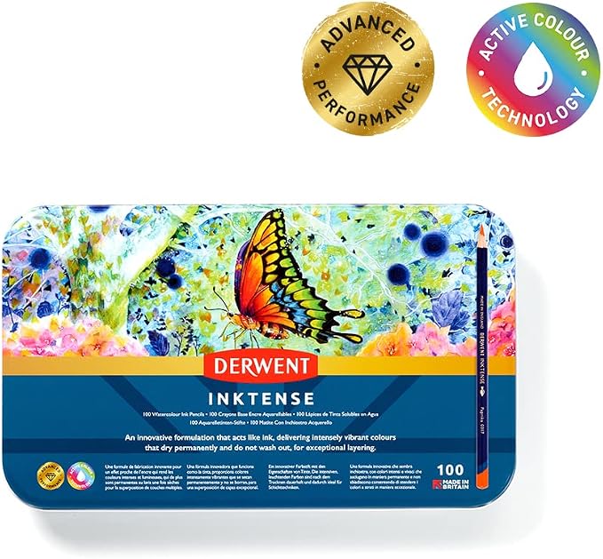 Derwent Inktense Pencils Art Set, 100 Permanent Watercolor Pencils Set in Tin, Premium Colored Pencils for Adults, Water-Soluble Indelible Pencil Collection, 4mm Core, Professional Quality