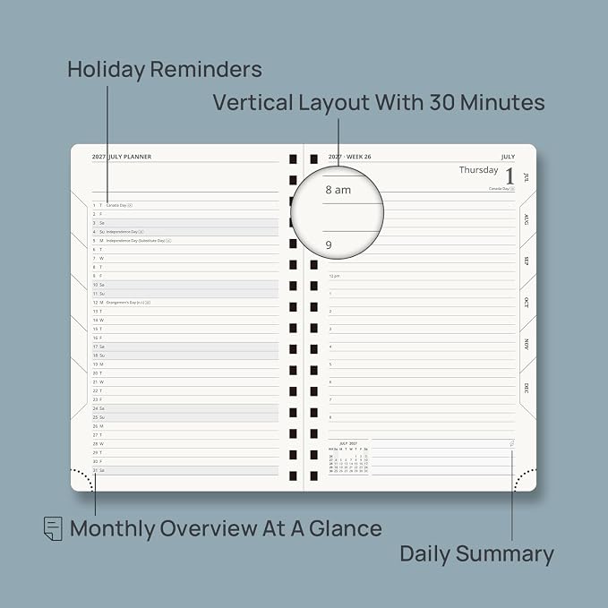 POPRUN 2027 Daily Planner One Page Per Day, 5.75" x 8.5", Calendar Book from Jan 2027 - Dec 2027, Hardcover Appointment Book with Hourly Time Slots, Spiral Bound, Monthly Tabs - Orange