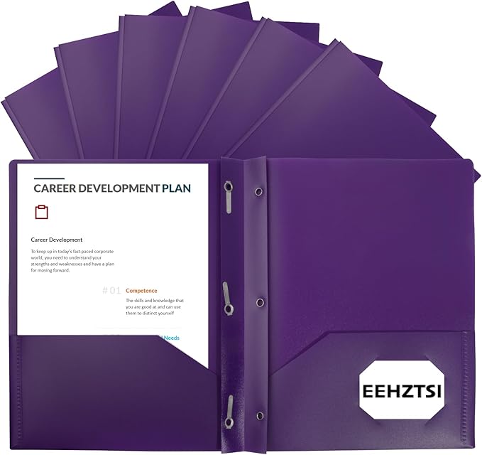 12-Pack Plastic Folders with Pockets and Prongs, 2-Pocket Poly Folders with 3 Fasteners Holds 8-1/2" x 11" Paper for School/Office/Home, Purple