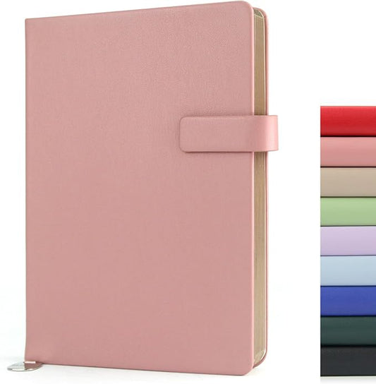Hardcover Leather Journal Notebook A5 Lined 212 Pages 5x8.25 Inches Gold Edged Pages with Strap Closure Travel Work School Writing Journaling Notebooks for Women Men Gift Box Packaging Pink