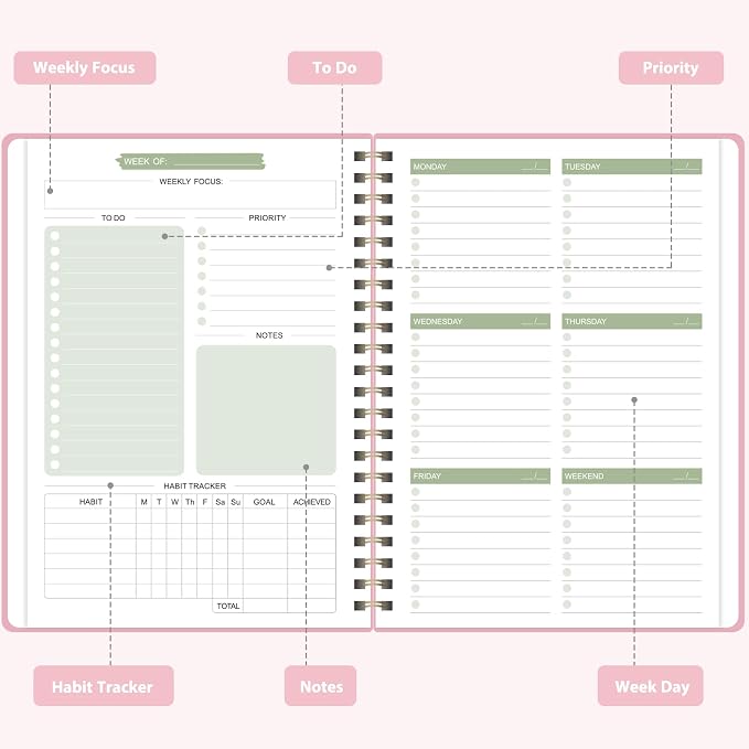 Undated Weekly Planner, Weekly To Do List Notebook, A5 Daily Planner | Office School Supplies, Spiral Binding, Inner Pocket, Goal, Organizer, Habit Tracker