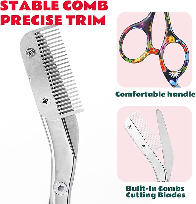 Eyebrow Scissors With Comb, Facial Grooming Scissors Kit, Professional Precision Eyebrow Trimmer Scissors,Perfect For Gifts For Women and Men (Black Flower)