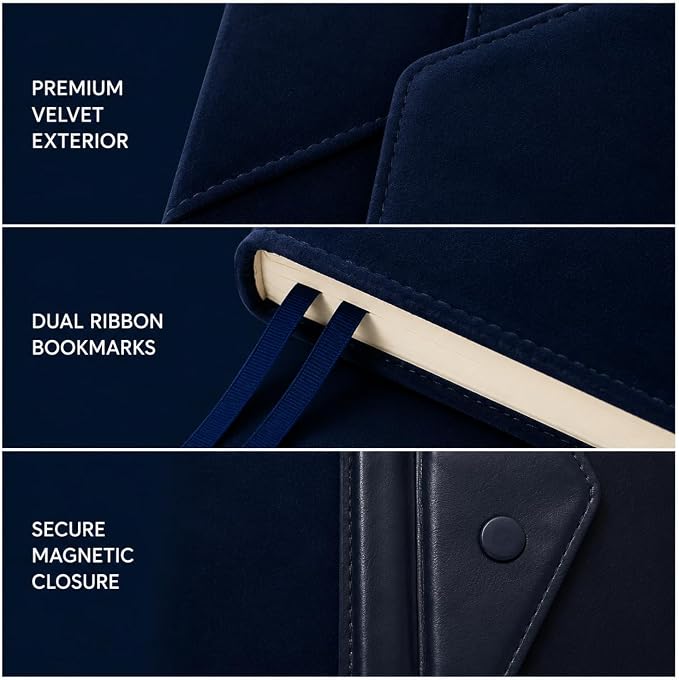 Eccolo Lined Journal Notebook, Hardcover Velvet Journal for Women & Men - 256 Ivory Pages, Unique Writing Journal for Work or School, Magnetic Flap Closure, 3 Bookmarks, Size 6X8, 6X8 Navy | Ivory Acid-Free Ruled Paper, 3 Sewn-In Bookmarks, Lay-Flat De...