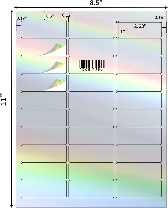 1" x 2-5/8" Address Labels- Holographic Color Stickers for Laser/Ink Jet Printer mailing Labels 8.5"×11"- Holographic Silver/ 20 Sheet