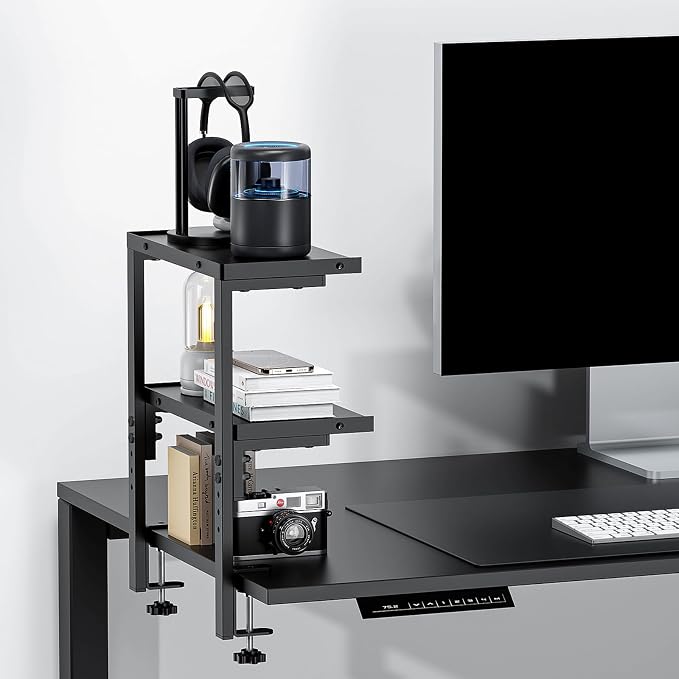 2-Tier Desk Shelf, Black | Desk Organization Expandable Clamp on Desk Shelf Desktop Accessories for Offices and Game Rooms