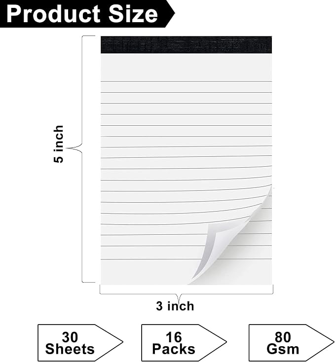 16 Pack Note Pads 3 x 5 Inch small notepads for Business Office Legal Pads | White Small Notepads College Ruled Writing Pad Mini Notepad with 30 Sheets Lined Paper in Each Notepad for Home Office School
