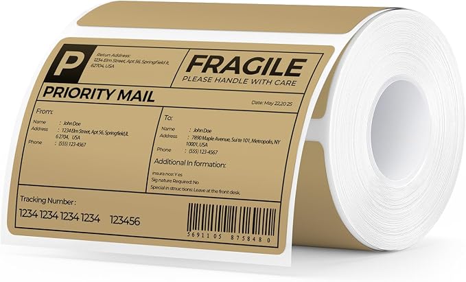 MUNBYN 4x3 Thermal Labels, 500 Sheets/1 Roll, Brown | Strong Adhesive & Perforated, Non BPA&BPS for Small Business, Shipping, Bakery, Clothing
