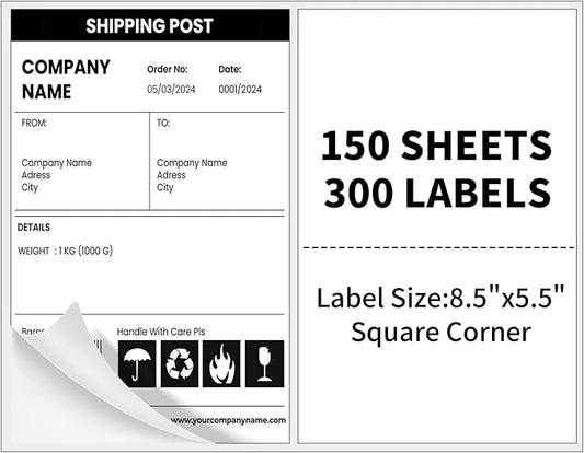 150 Sheets 300 Labels Half Sheet Self Adhesive Shipping Labels for Laser & Inkjet Printers, 8.5" x 5.5" Shipping Mailing Label, White Address Labels for FedEx, UPS, Amazon FBA