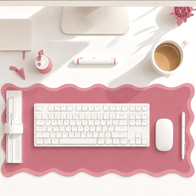 Hahafelt Scalloped Desk Mat Large Desk Pad Cute Coquette Table Mat Back to School Preppy Table Make up Pad Nonslip Graduation Gift with Stitching Waterproof Gaming(Dark Pink,31.5 x 15.8 Inches)