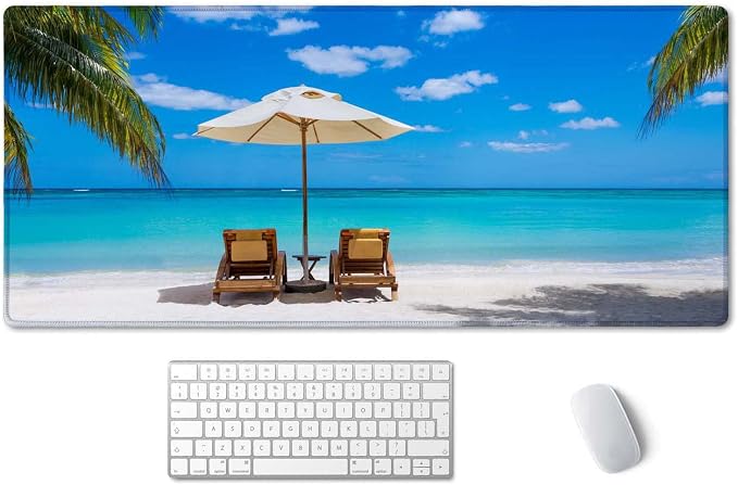SSOIU Gaming Mouse Pad, Extended Mouse Pad, 35.5x15.7inch XXL Large Big Computer Keyboard Mouse Mat Desk Pad with Non-Slip Base and Stitched Edge for Home Office Gaming Work, Turquoise Tropical Sea
