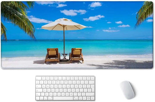 SSOIU Gaming Mouse Pad, Extended Mouse Pad, 35.5x15.7inch XXL Large Big Computer Keyboard Mouse Mat Desk Pad with Non-Slip Base and Stitched Edge for Home Office Gaming Work, Turquoise Tropical Sea